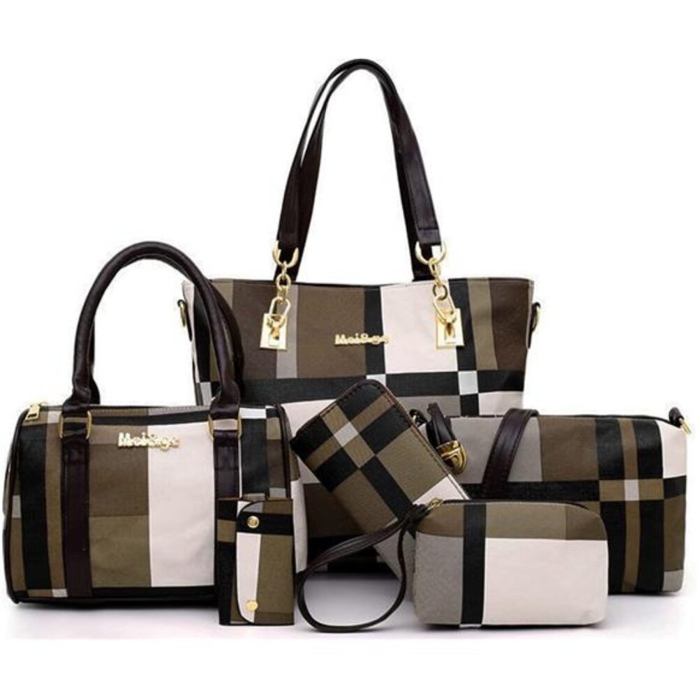 6-Pcs Women Handbag Purse Shoulder Bag Totes Satchel Bag Top-Handle Boston Bag